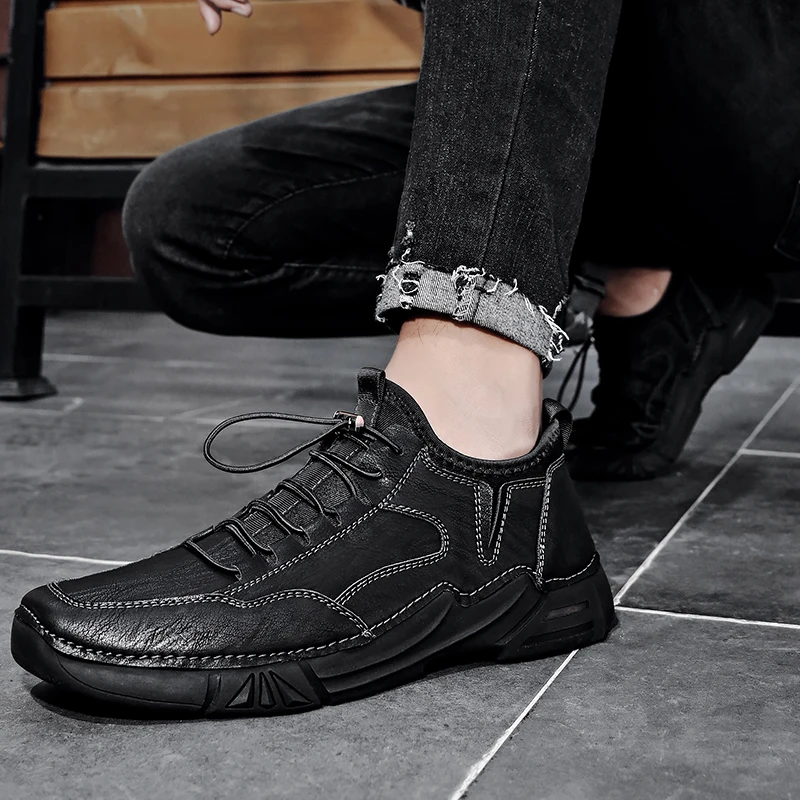 

Мужские черные кожаные туфли, новинка осенне-зимнего сезона, повседневные модные спортивные слипоны из мягкой кожи на мягкой подошве, средней высоты, большие размеры