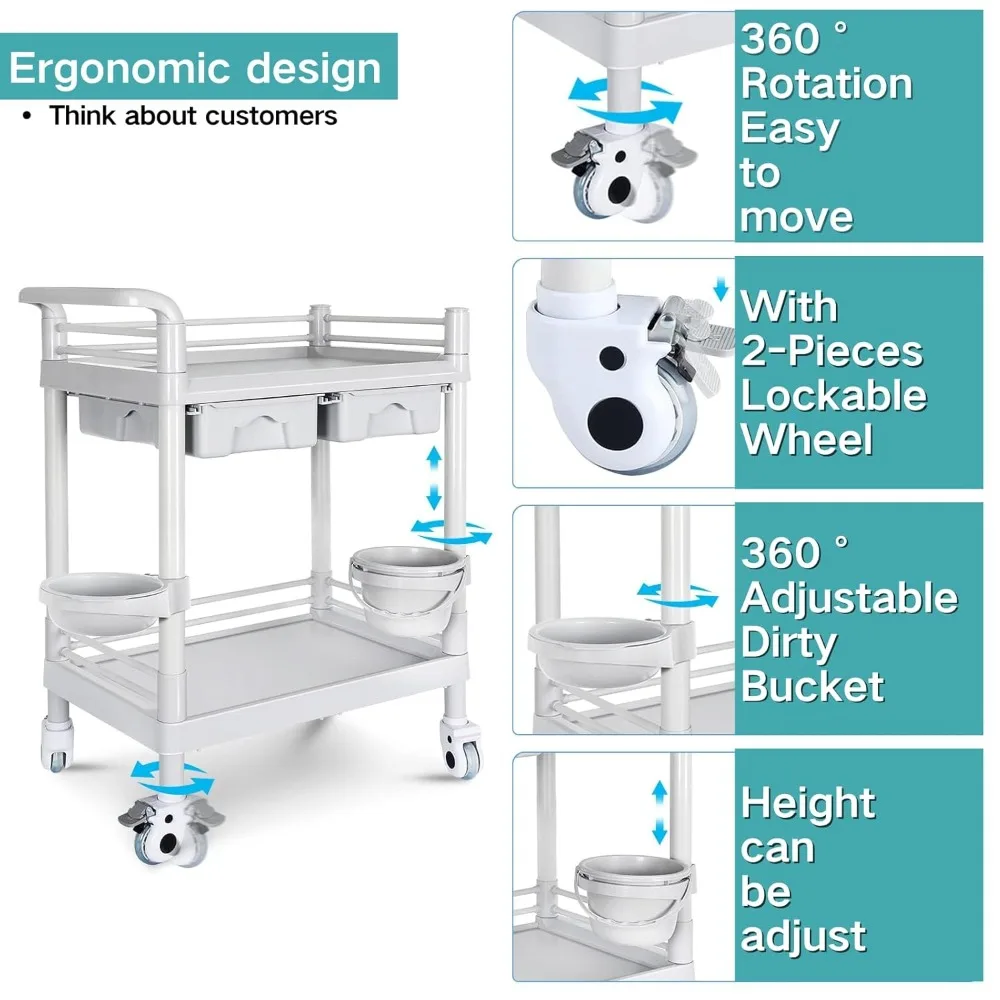 عربة طبية متنقلة، عربة طبقتين 120 رطل، مع عربتين ذات درجين، عربة دوارة لصالونات التجميل مع دلاء أوساخ، 360 درجة ° تدوير #4