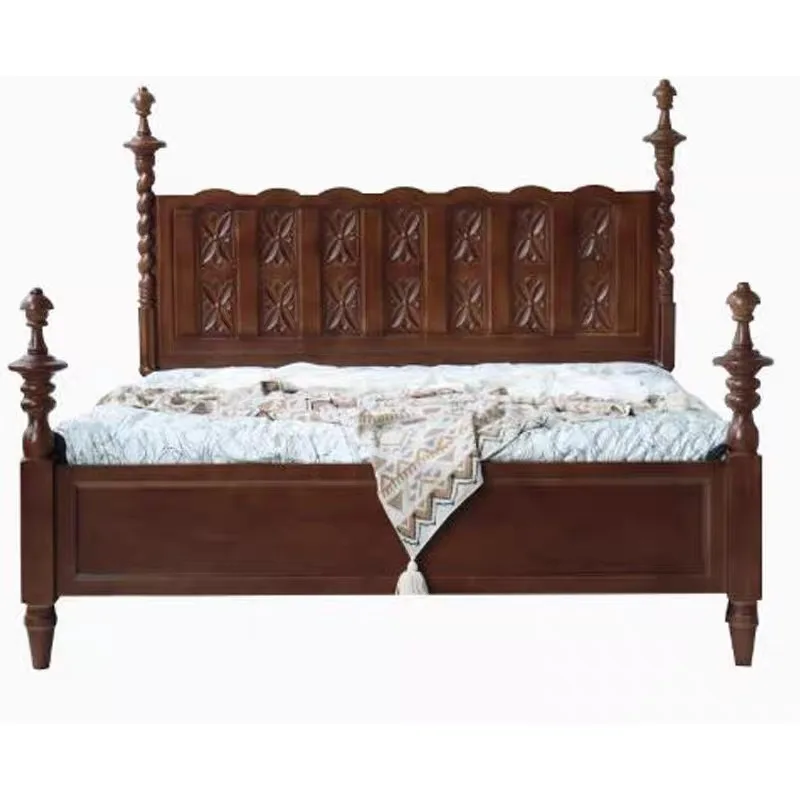 Solid wood retro French engraved American Roman column double bed medieval princess wedding bed