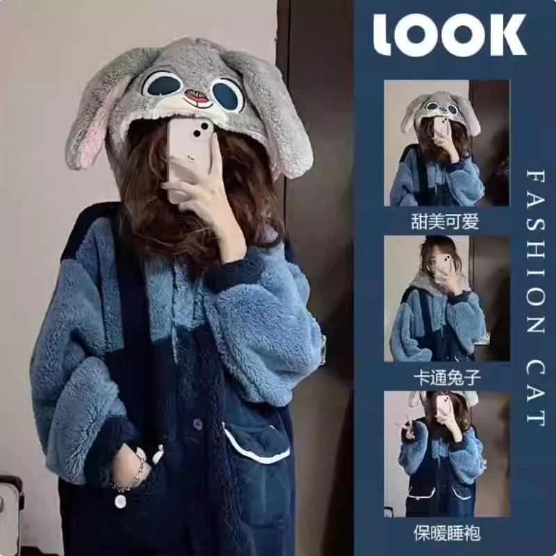 

Disney Judy Night-Robe Cartoon Anime Thick Warm Sleepwear Set Couple Friends Gifts Home Clothes Autumn Winter Pajamas Nightgown