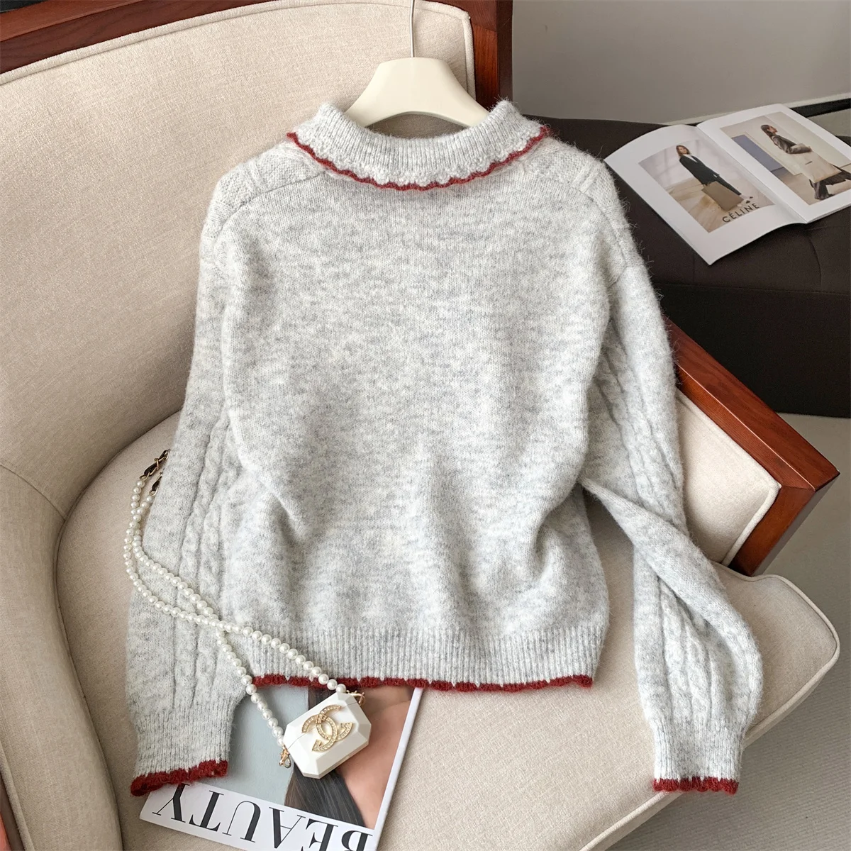 Giacca da donna in maglione caldo ispessito con bottoni d'amore stile delicato con risvolto francese grigio da donna Top cardigan allentato in maglione autunnale e invernale
