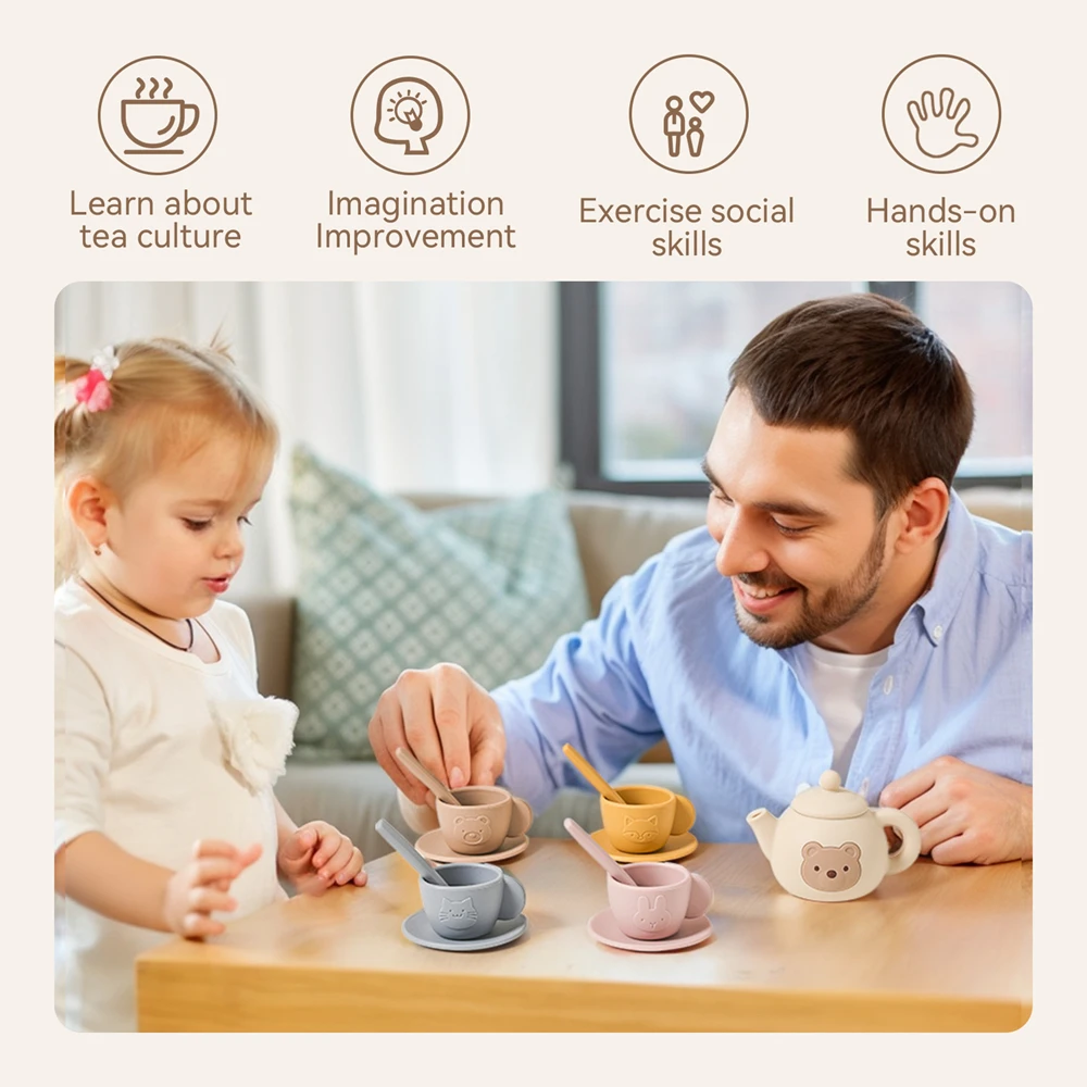 Bear Afternoon Tea Pretend Play Set Silicone Teapot Cups Wooden Tray Leak Proof Tea Social Skills Imagination Toys for Kids view 5