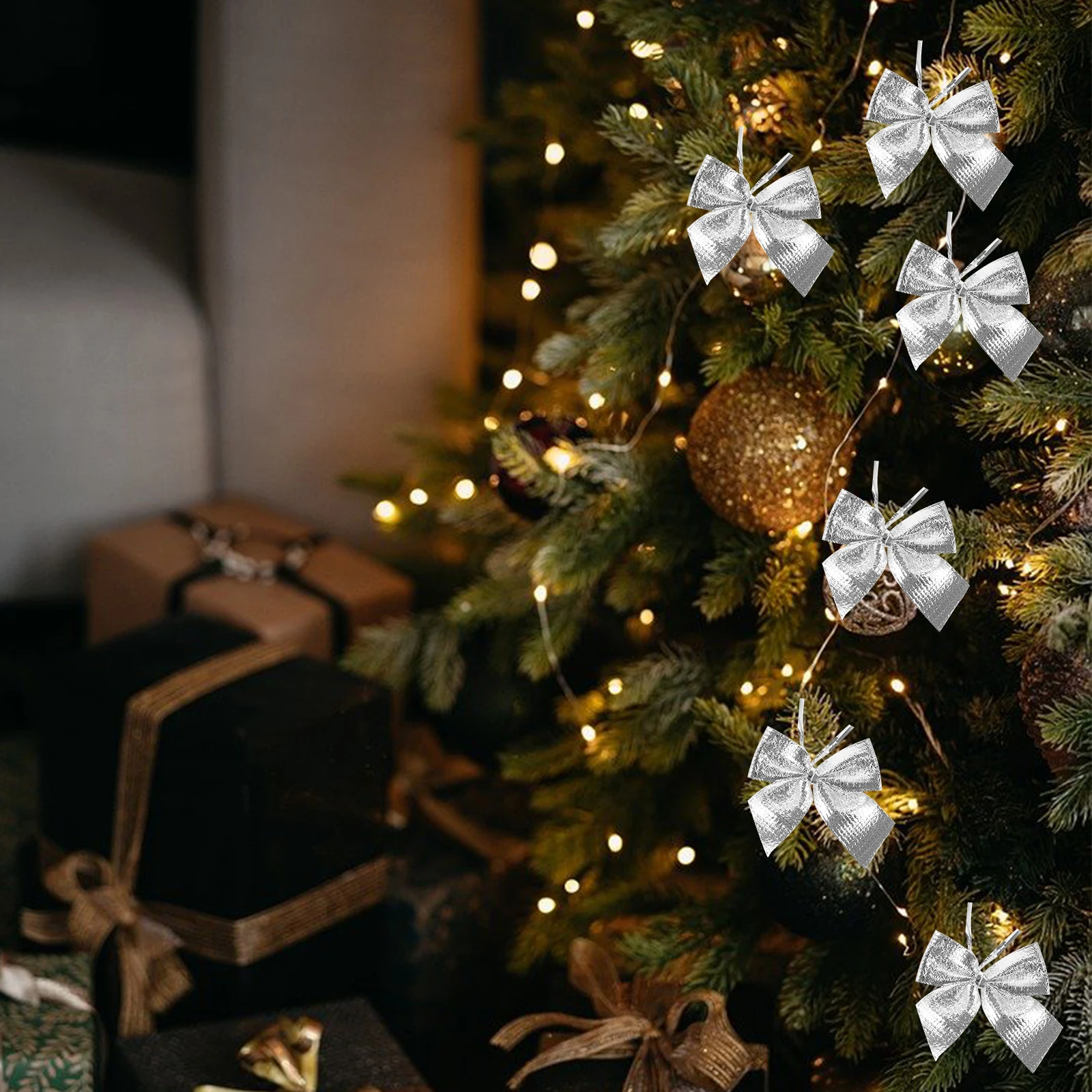 

24 Pcs Christmas Tree Decoration Silver Bows Mini Glitter Bowknot naments Home Office Party Wedding Anniversary Decorations