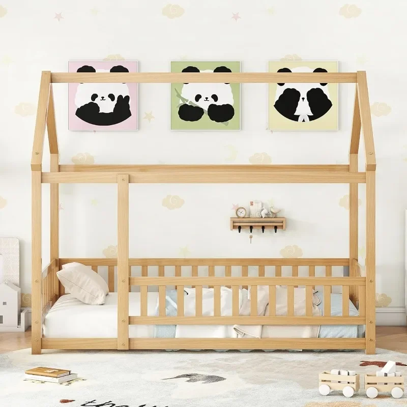 Twin size huisframe houten Montessori-vloerbed met hek voor kinderen, 70,5 cm L x 44,8 cm B x 66,2 cm H, natuurlijk