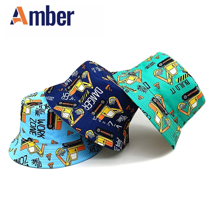 

Amber Cartoon Children Bucket Hat Boys Girls Kids Fisherman Hats Printing Panama Cap Letter Pattern Double Sides Sunscreen New