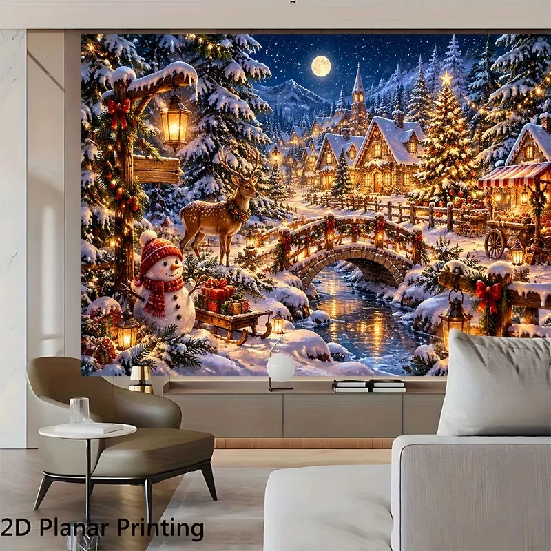 VIKAMA Merry Christmas Tapestry Winter Snowy Town Snowman Deer Bridge Warm Lights Wall Hanging Cloth for Home Wall Photo Decor