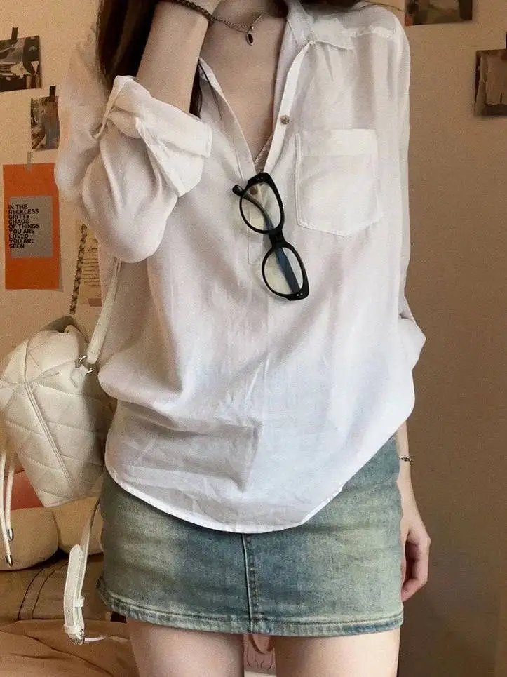 

Весна-Лето 2026: Женская модная повседневная рубашка с длинным рукавом и защитой от солнца, высококачественная, в корейском стиле, из полиэстера