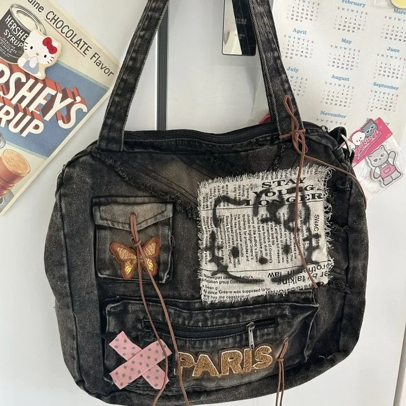 MBTI Vintage Hello Kitty damska torba na ramię Patchwork Y2k Denim moda estetyczne plecaki duża pojemność codzienna torba