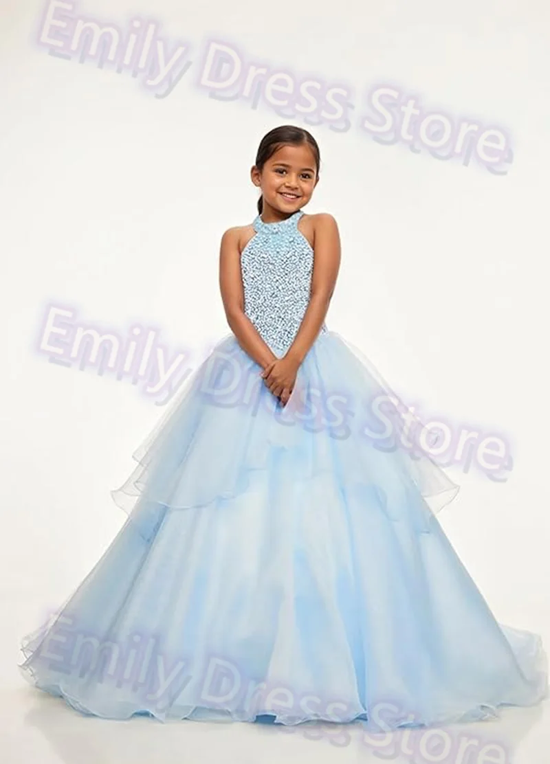 

Customized Royal Blue Flower Girl Dress For Wedding Beaded Floor Length Tulle Puffy Kids Birthday Party First Communion Gown