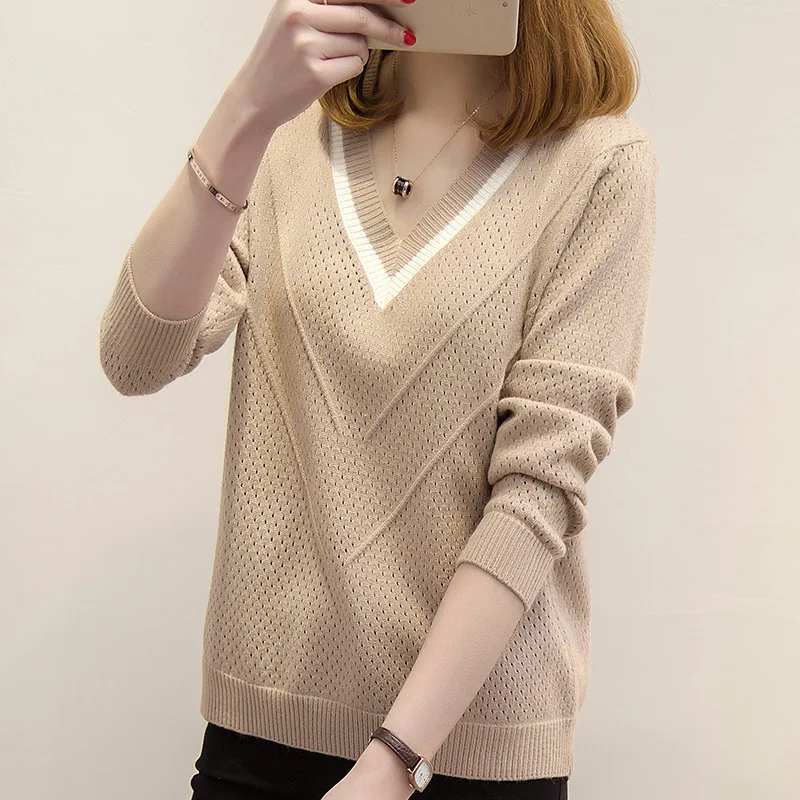 Spring Autumn New Short V-Neck Sweater Women Pullovers Long Sleeve Knitwear Korean Loose Versatile Woolen Top Pull Femme