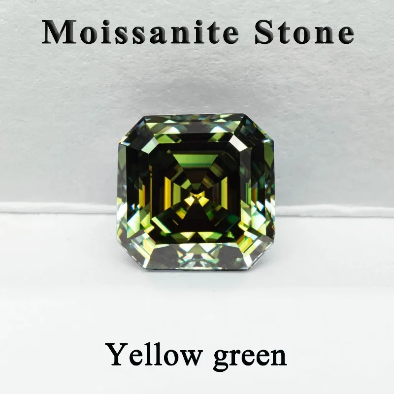 Moissanit-Stein, Asscher-Schliff, gelb-grüne Farbe, VVS1, Ring, Halskette, Hauptmaterialien, bestandenem Diamanttester mit Zertifikat – Detail 33