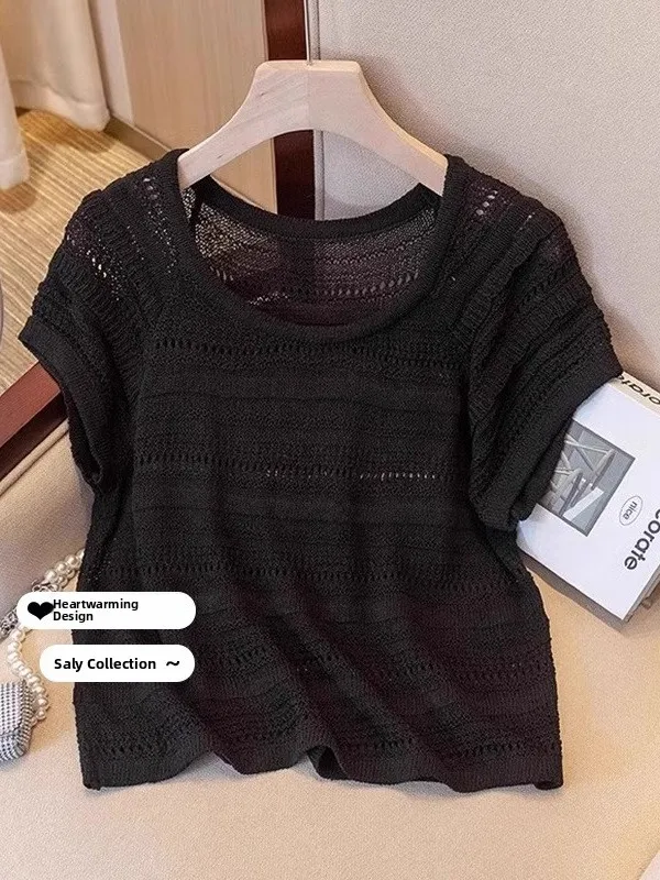 

Loose Black U-Neck Short Sleeve T-Shirt Women Summer Thin Ice Silk Hollow Knitted Cover up plus Size Casual Loose Top
