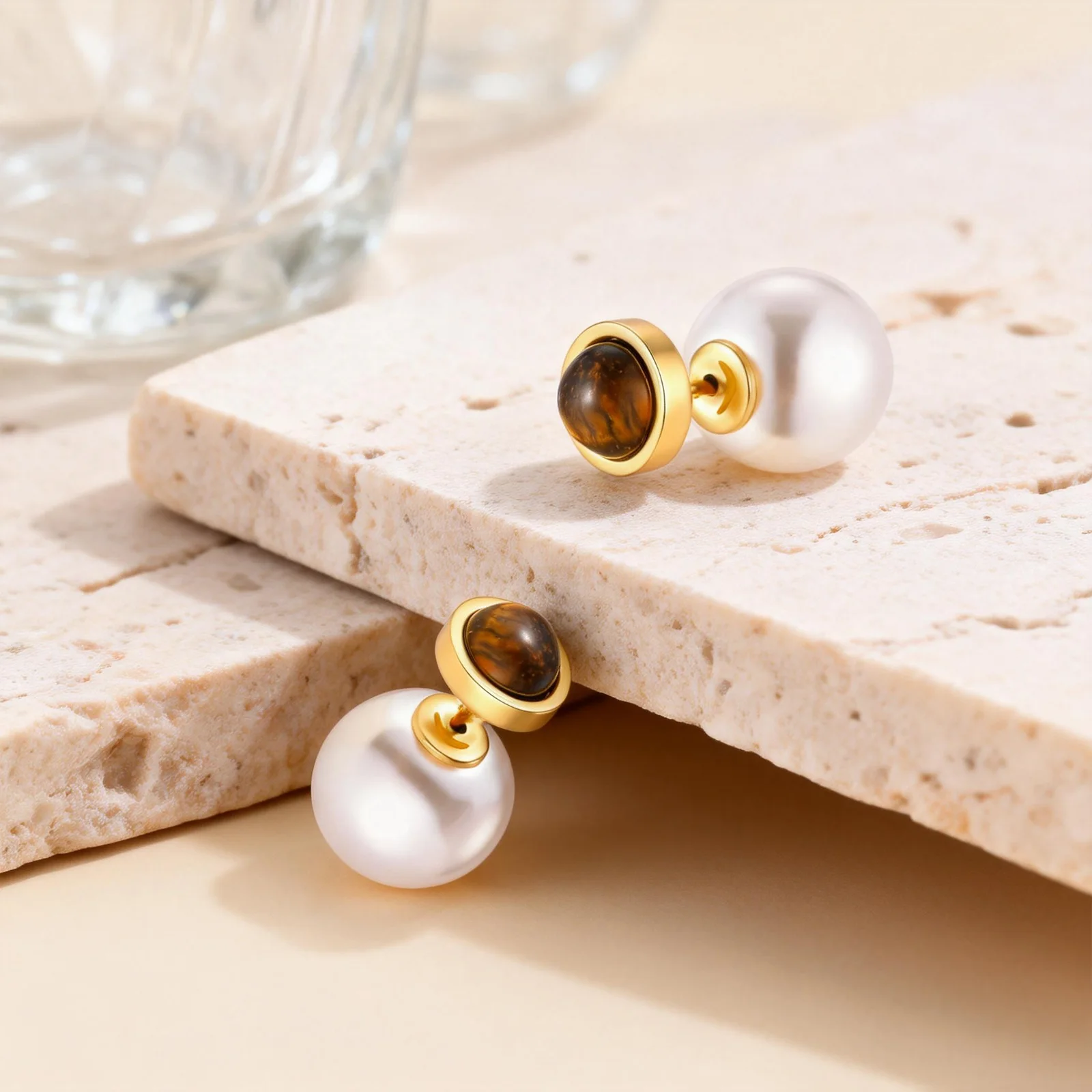 

Vnox Stainless Steel Natural Tiger's Eye Imitation Pearl Earrings, Trendy Elegant Ear Stud Waterproof Gold Plated Jewelry Gifts