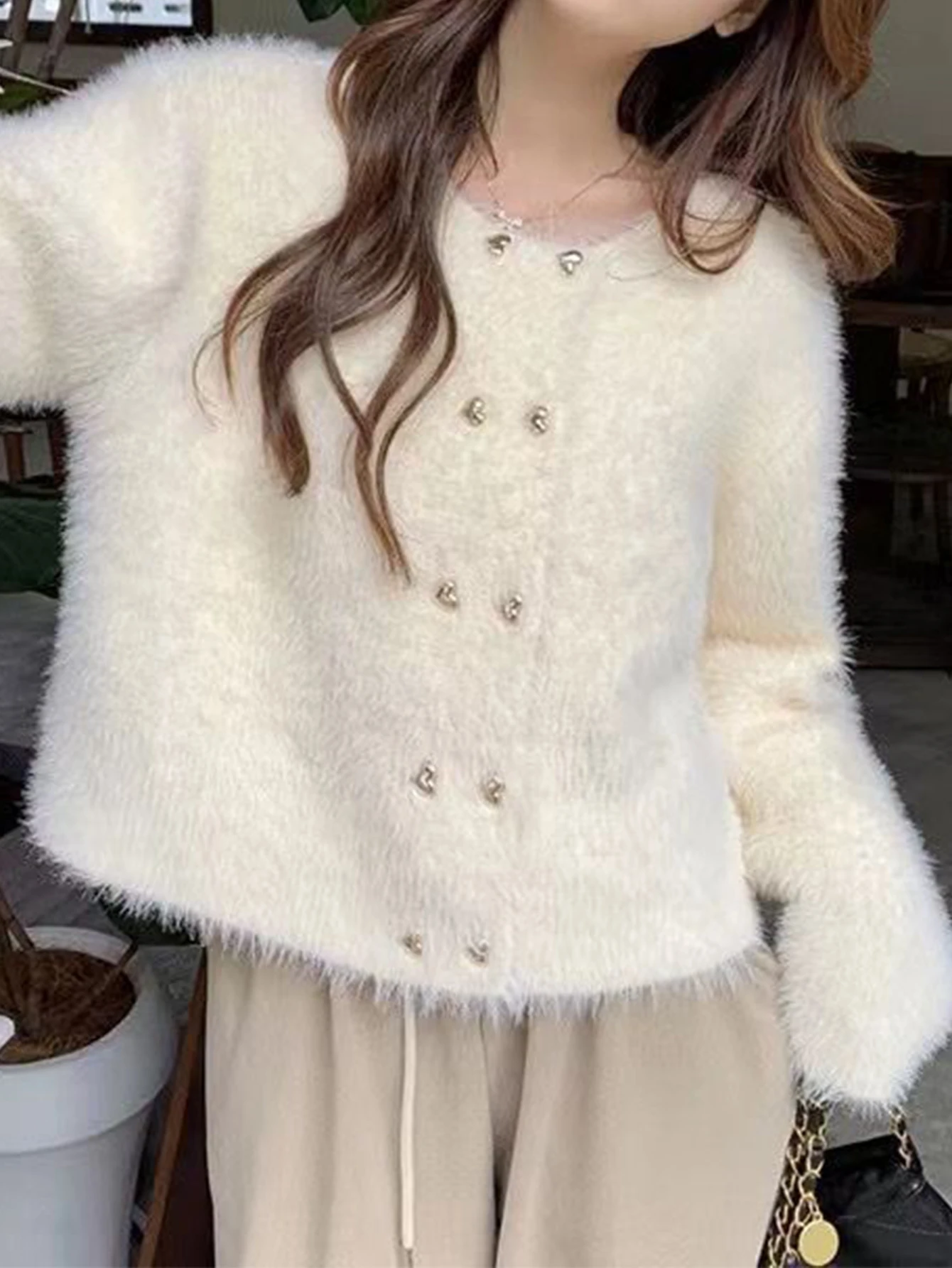 

Women's Autumn Cardigan French Elegant Plain Long Sleeve round Neck Regular Fit Sweet Style for Dating