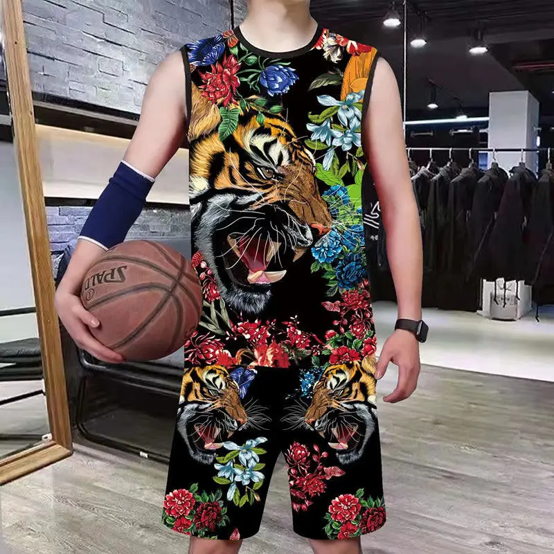 2022 verão novo colete masculino casual tigre terno, na moda 3d flor tiger print sem mangas camisa de cinco pontos calças 2 peças conjunto