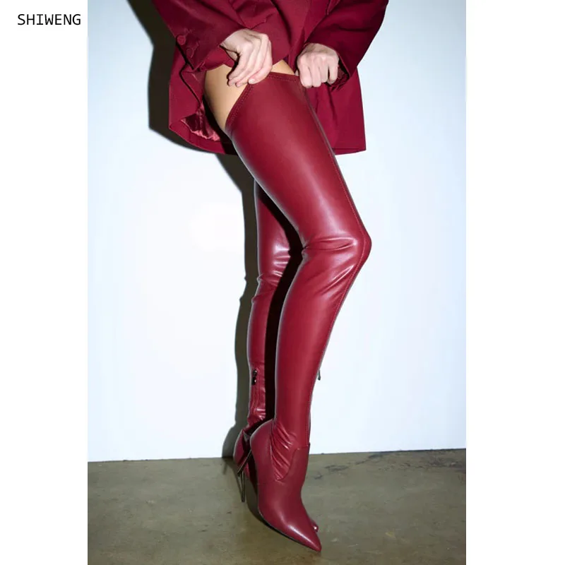 

2025 Women Newest Pu Pointed Toe Over The Knee Socks Boots Women Sexy Thin Heels Elastic Slim Thigh Long Botas Shoes 44