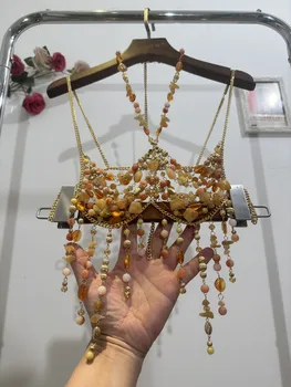 เสื้อกั๊กลูกปัดหินคริสตัลปรับได้สายคล้องคอสร้อยคอสร้อยคอประดับมุกสั้นสุดเซ็กซี่มีพู่ห้อยเสื้อสายเดี่ยวสำหรับผู้หญิง