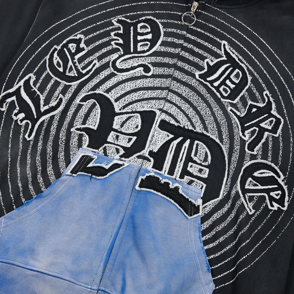 Vintage Streetwear Zip Up Hoodies with Letter Embroidery Hiphop Street Style Cotton Distressed Patchwork Casual Clothing Hoodies