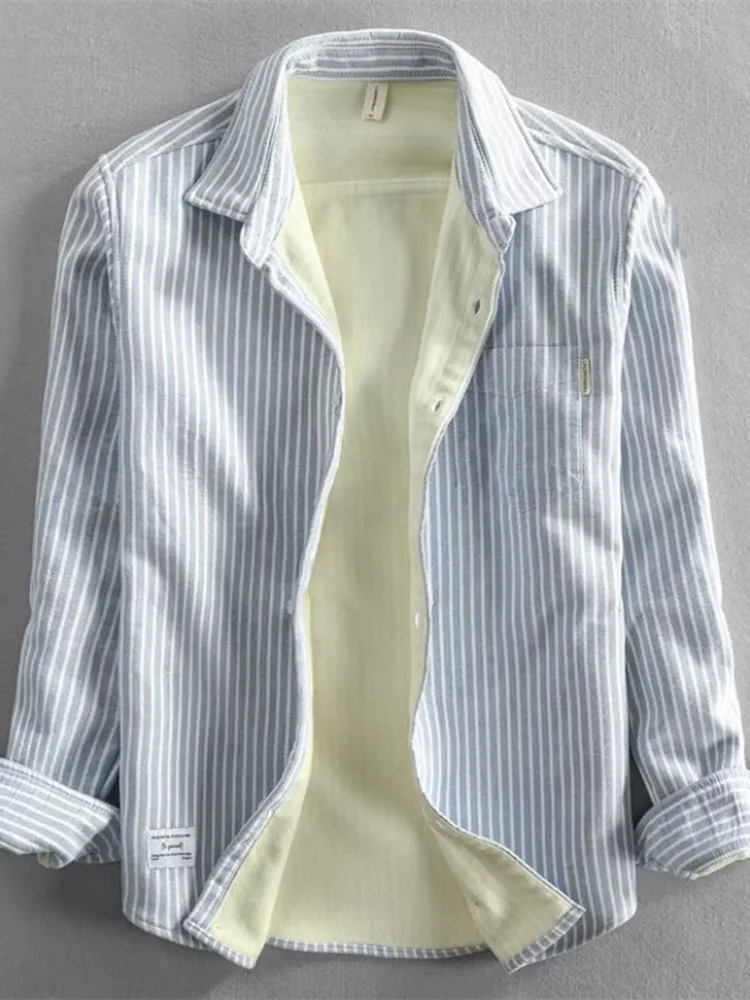 

Thickened Fleece Long Sleeve Striped Casual Shirt for Men Autumn Winter Fashion Urban Style Business Warm Open Cardigan