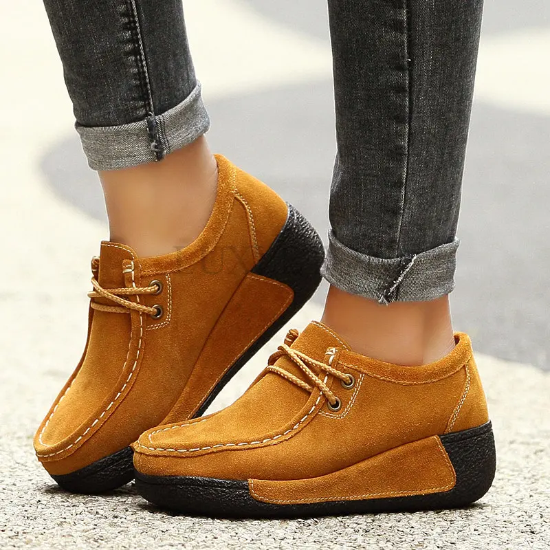 Women Flats Shoes Platform Sneakers Shoes Leather Suede Casual Shoes Slip on Flats Heels Creepers Moccasins 35-41