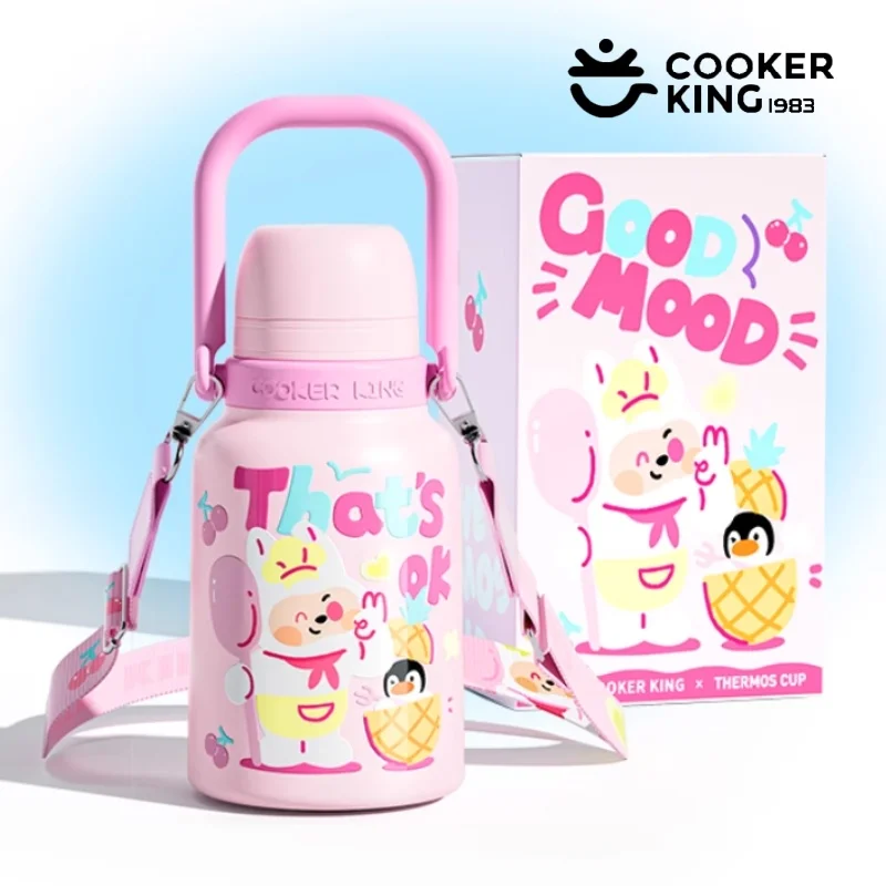 

COOKER KING 1100ml Thermos Cup with Straw＆Strap Cute Cartoon Portable Water Cup Stainless Steel Insulated Cup with Tea Strainer