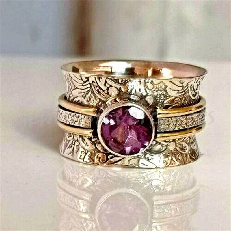 Cincin kristal ungu gaya etnis Vintage baru 2023 untuk wanita perhiasan kustom pesta kreatif tekstur ranting warna perak antik