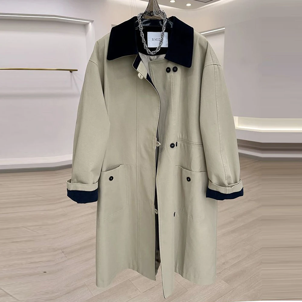 Korean splicing contrasting color trench coat women's medium and long 2026 spring new casual loose and thin popular coat