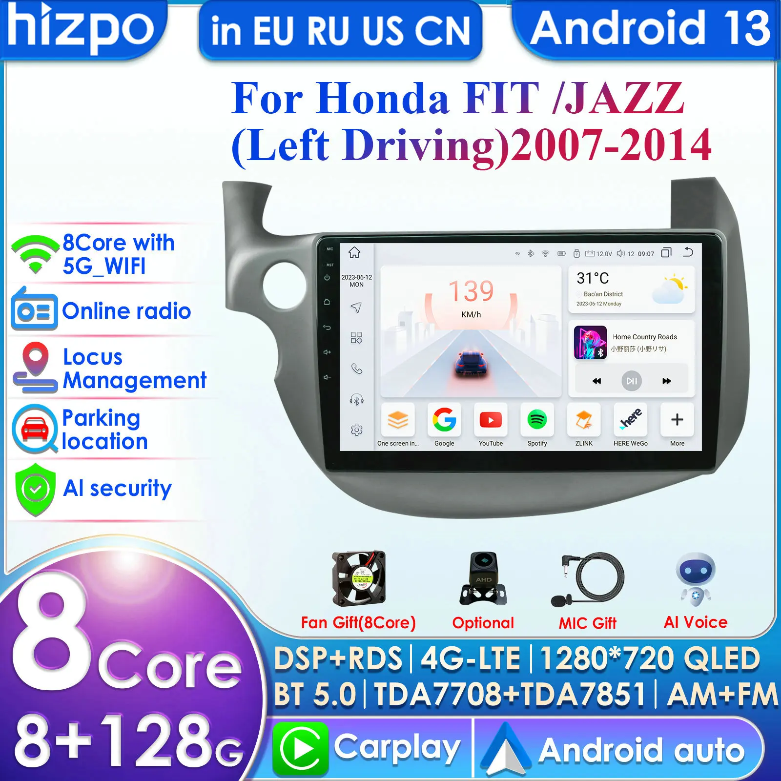 Hizpo 4G 10.1'' AI Intelligent System CarPlay Android Auto Radio for HONDA FIT JAZZ 2007-2013 Car Multimedia GPS 2din Autoradio