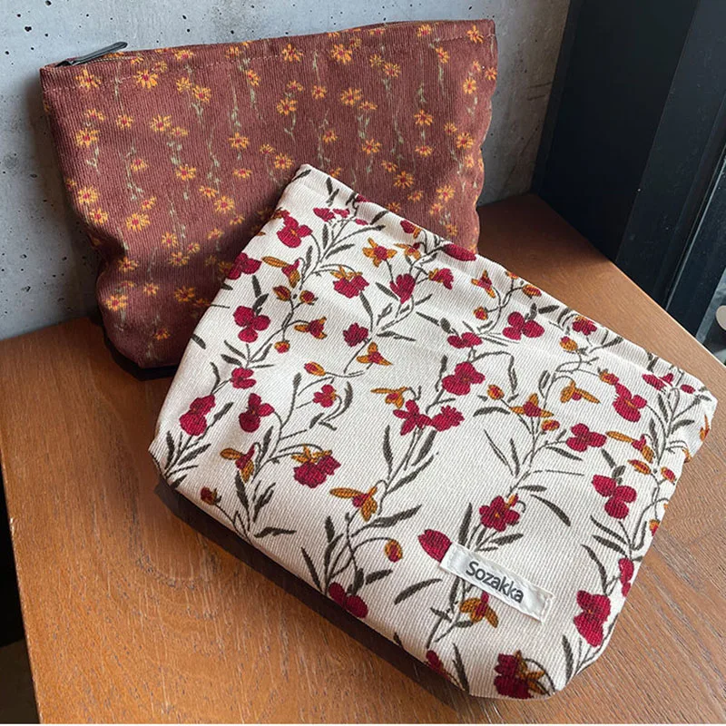 Make-up-Tasche für Frauen, tragbar, Cord, Vintage-Stil, Blume, Reisen, Waschen, Handy-Aufbewahrungstasche, Make-up-Etui für Mädchen