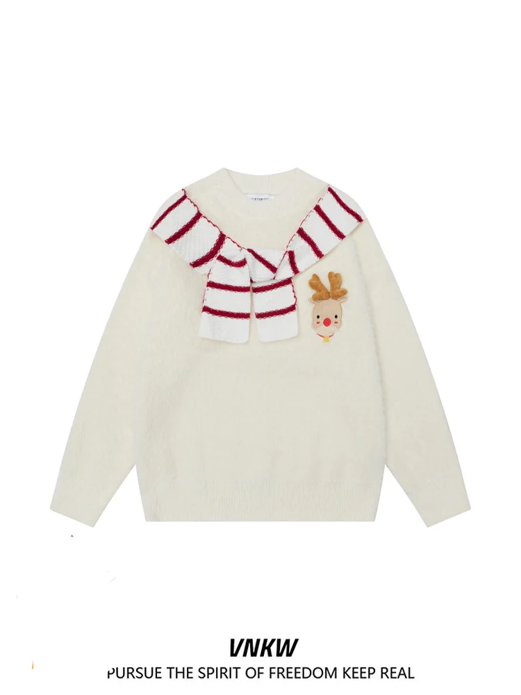 

Thiened Cisas Deer Scarf Decorated Knitted Sweater ex Cute Aosphere New Year Red Warm American Sle Loose Fit Lo...