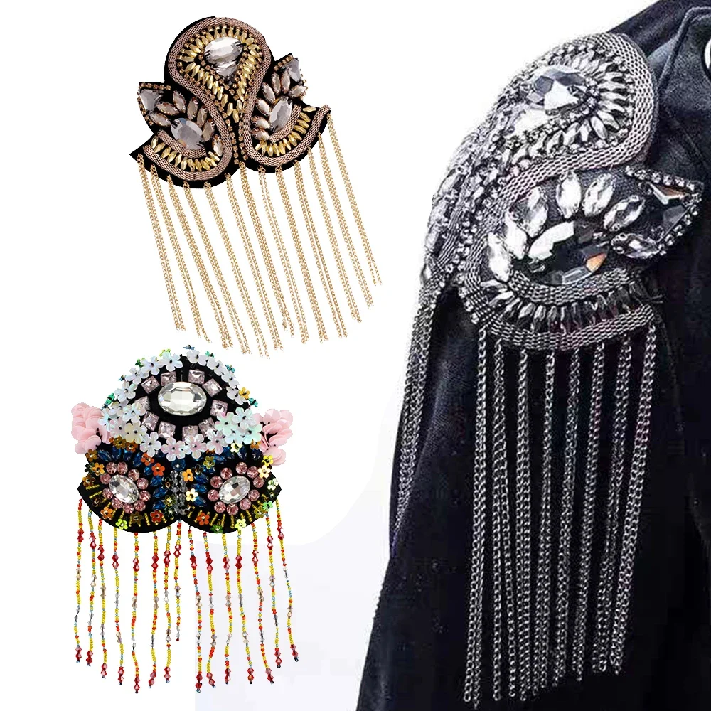 New Exquisite Manual Dingzhu Flower Rhinestones Bead Diamond Punk Wind Coat Suit Brooch Tassel Badge Epaulets Shoulder Patches