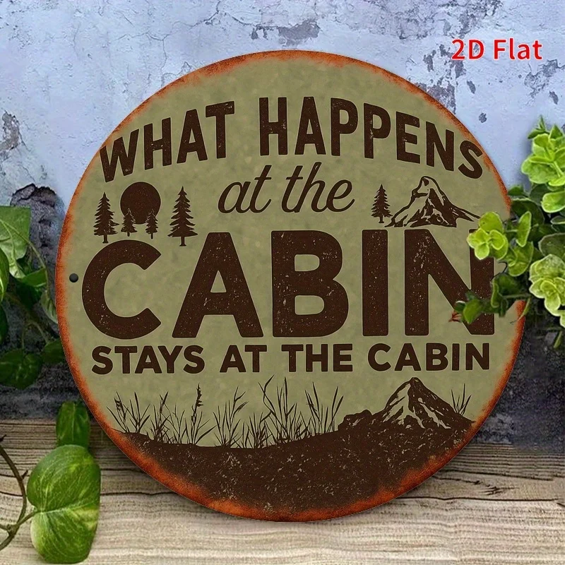 مسطح ثنائي الأبعاد، قطعة واحدة من فن الحائط للمقصورة الريفية - "ماذا يحدث في المقصورة يبقى في المقصورة" علامة حديدية بتصميم جبل وشجرة صنوبر #6