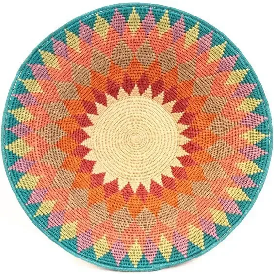 Round Braided Rug Pastel Sunburst Starburst Pink Orange Teal Woven Design for Living Room Decor