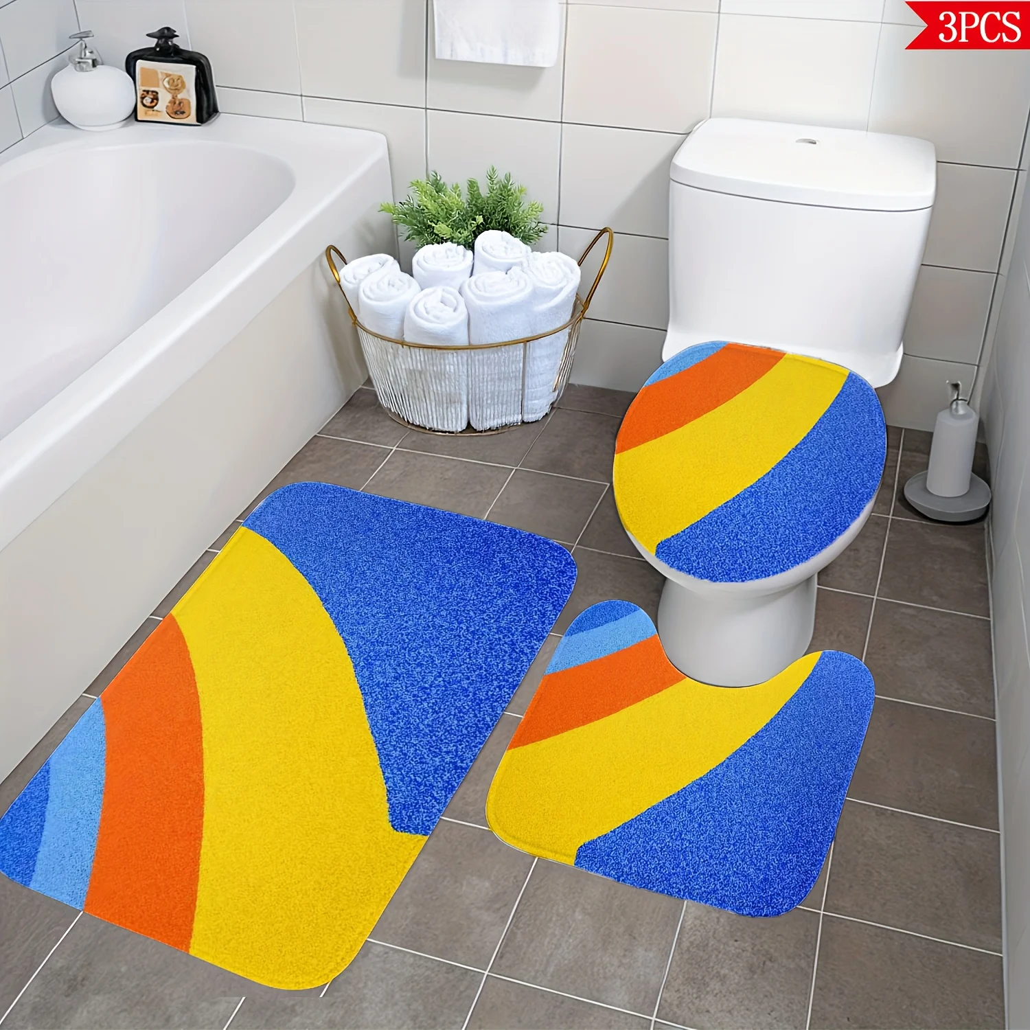 Vibrant Striped Bathroom Mat Set 3pcs Home Decor Floor Mat Non Slip Toilet Mat Cover Accessories for Bathroom Vanity Decor Gift