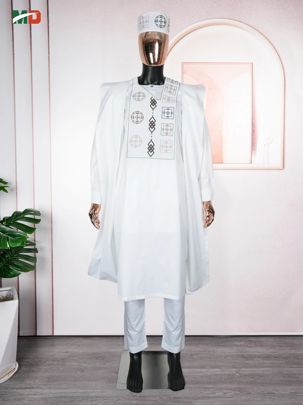 MD Африканский мужской традиционный комплект одежды Agbada, белый кафтан с вышивкой, брюки в тон и кепка, 3 предмета для свадебных фестивалей