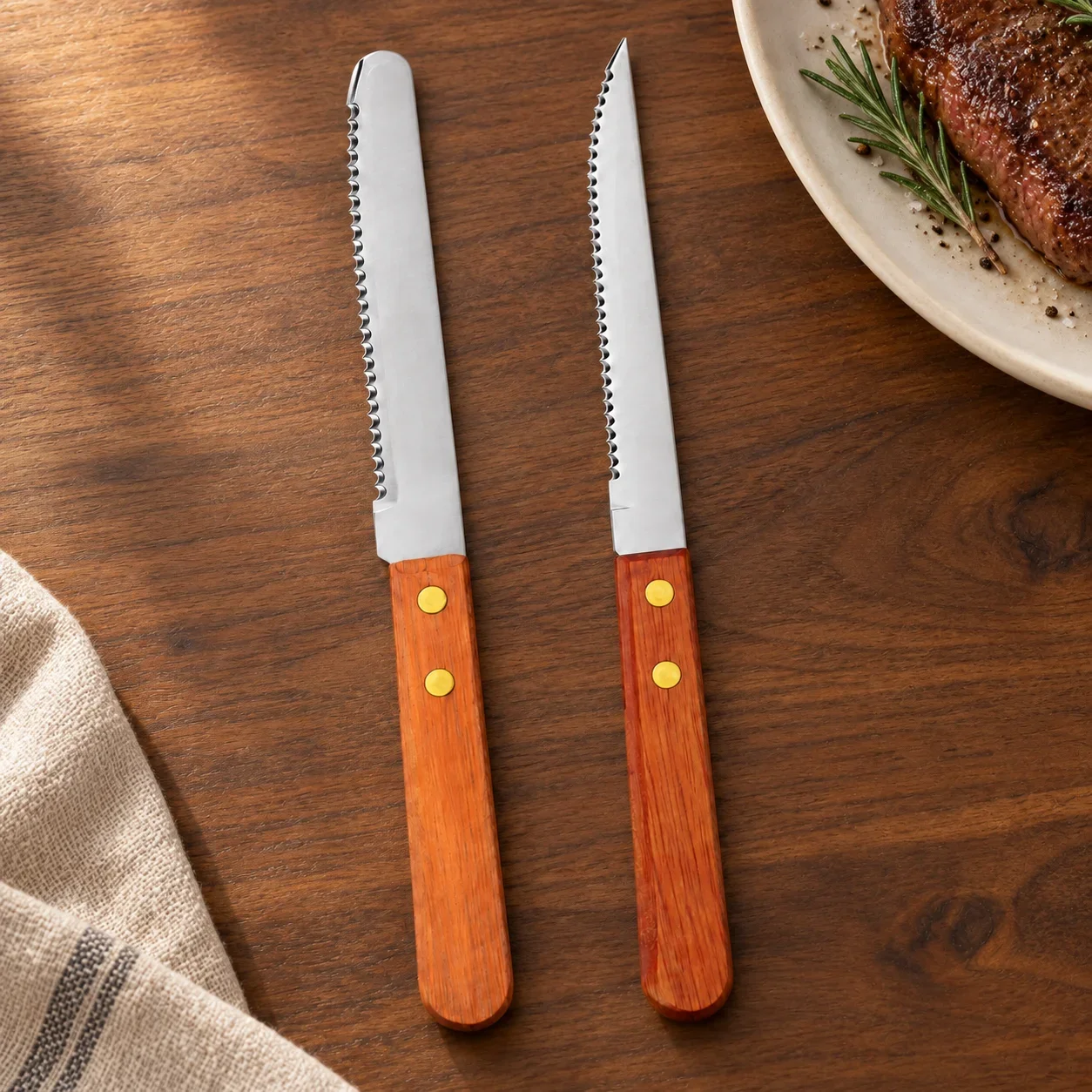 WXCOO Full Tang Stainless Steel Sharp Serrated Steak Knife Set Dinner Cutlery Dishwasher Safe for Meat and Bread Wood Handle view 5