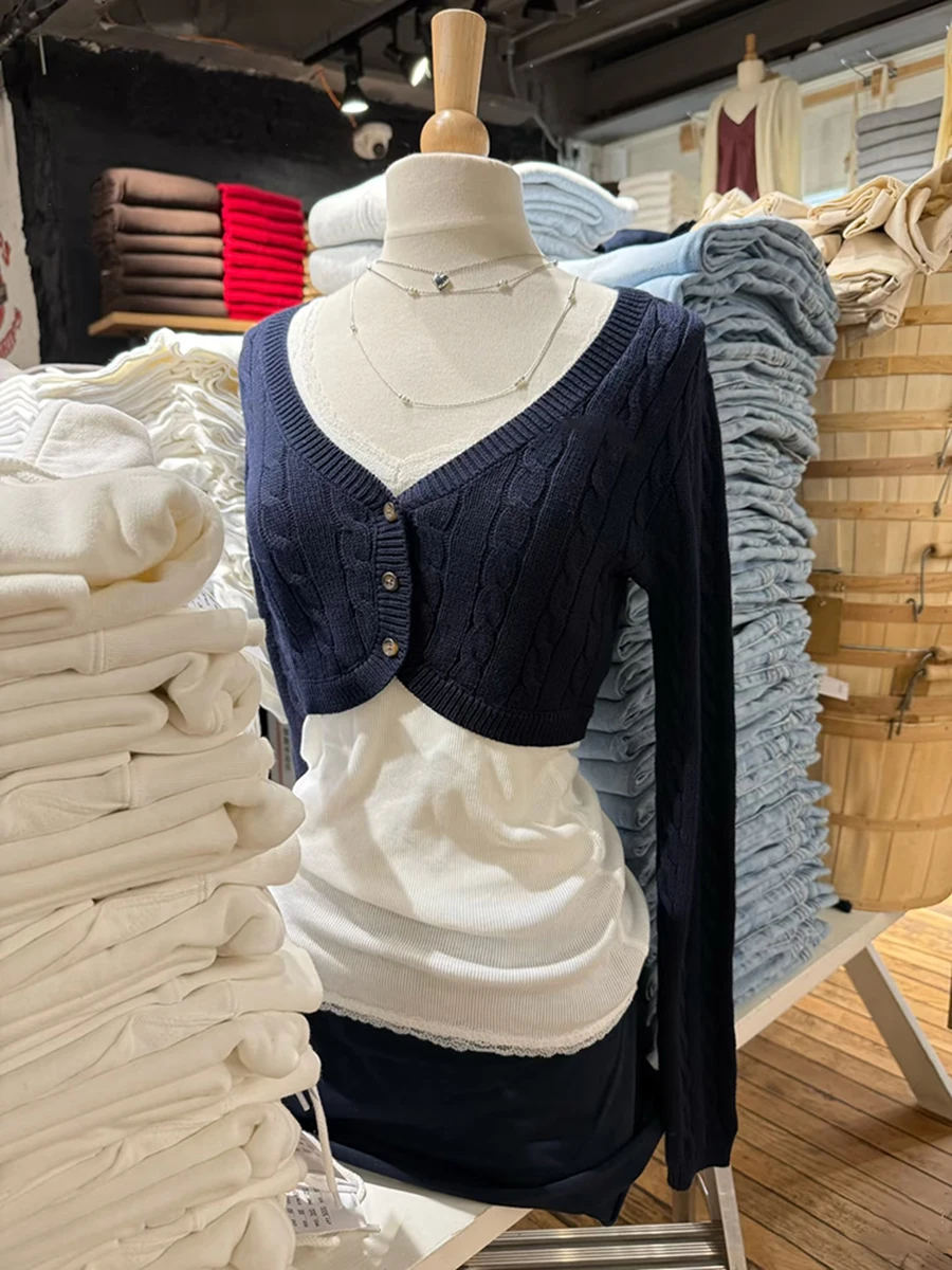 

Navy Twisted Flower Cropped Cardigan Women Spring New V-neck Single Breasted Knitted Crop Top Vintage Long Sleeve Slim Knitwear