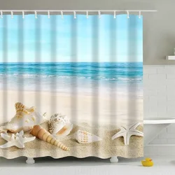 Sunlight Beach Ocean Landscape Shower Curtain Conch Seashell Starfish Blue Sky Tropical Ocean Bath Curtains for Bathroom Decor