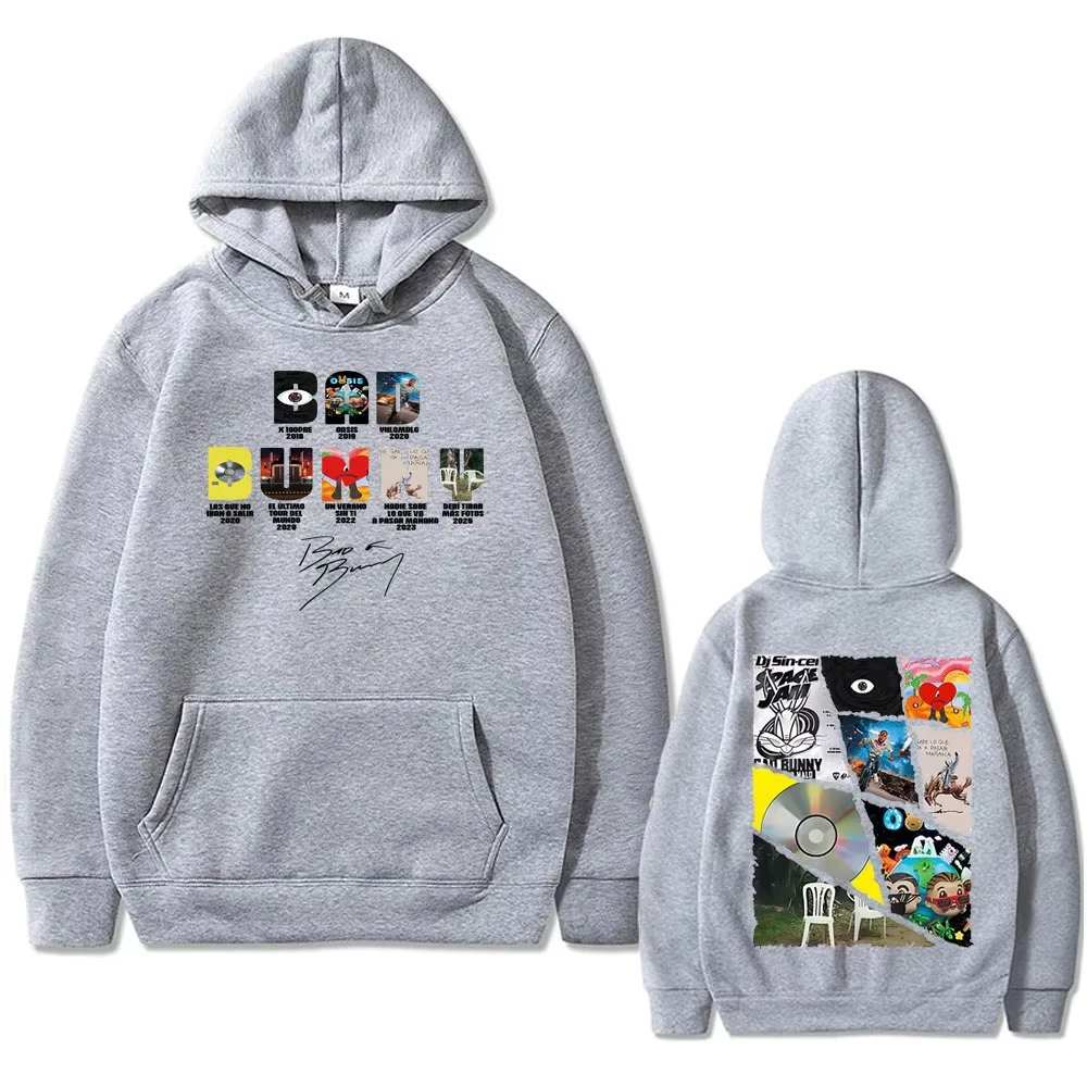 Music Album Collage Double Sided Print Hoodie Unisex Beige Pullover Hooded Sweatshirt Streetwear Long Sleeve Tops Men Women