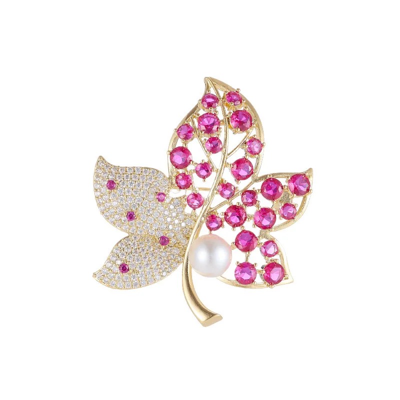 18K Gold Plated Maple Leaf Brooch Sapphire Pearl Zircon Enamel Pin for Women Luxury Lapel Pin Wedding Gift Fine Jewelry
