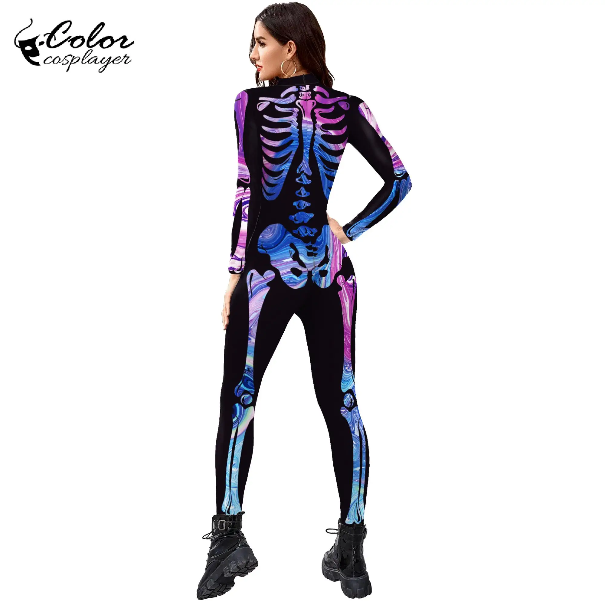 Kleur Cosplayer Halloween Party Cosplay Kostuum Vrouwen Skelet 3d Print Catsuit Lange Mouw Skinny Jumpsuits Zentai Bodysuits