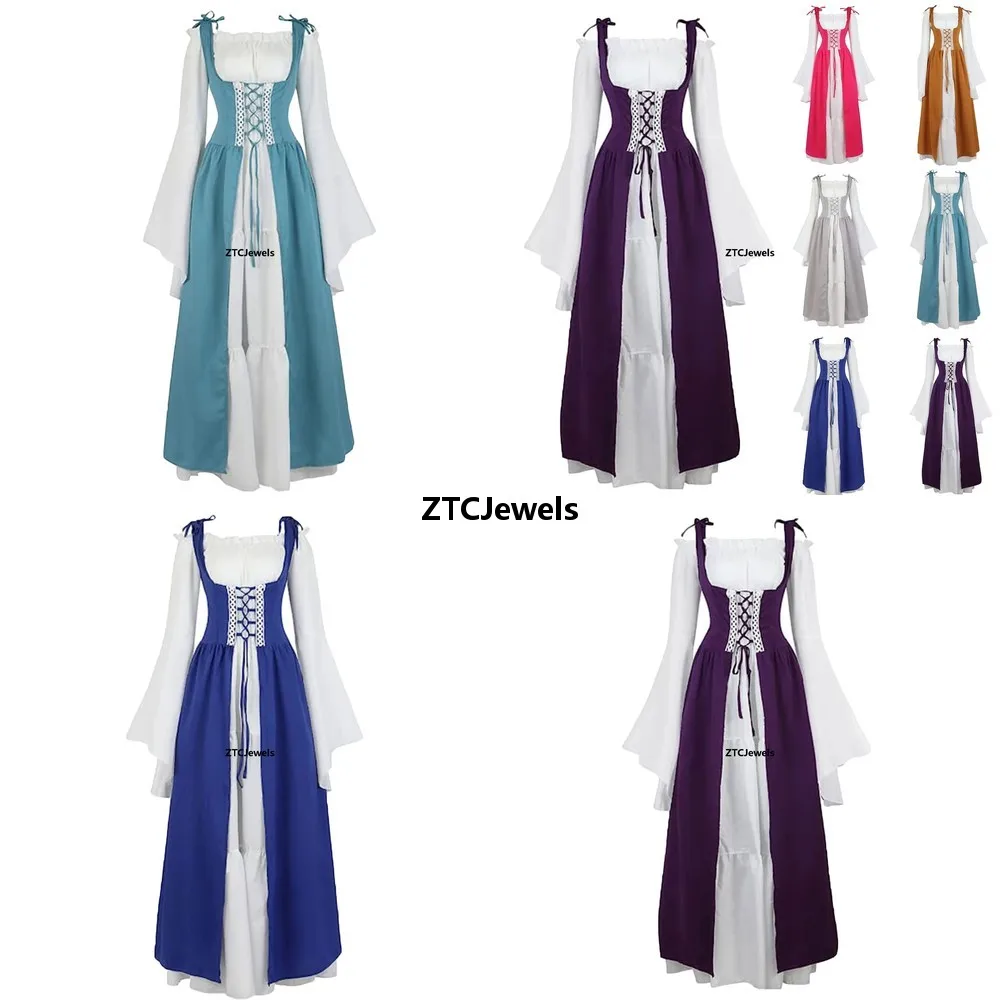 

Cosplay Medieval Corset Dress Vintage Tie Front Bandage Robe with Elegant Ruffle Sleeves Square Neck Masquerade Party Club Wear