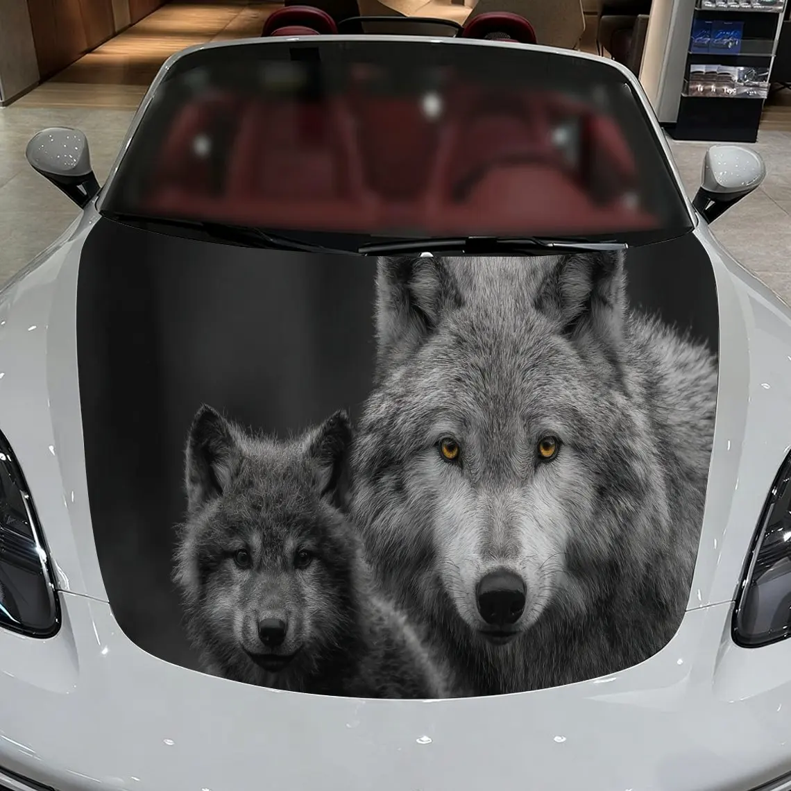 Car Decals A Wolf Pair In Striking Monochrome Close - Up Scene Creation Car Hood Sticker, Waterproof Self - Adhesive Vinyl Graph