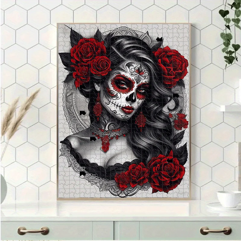 500ピース/1000ピース ゴシックロングヘア＆ローズスカルの女性ジグソーパズル 大人に最適 - 頭脳に挑戦、誕生日/ホリデーに最適