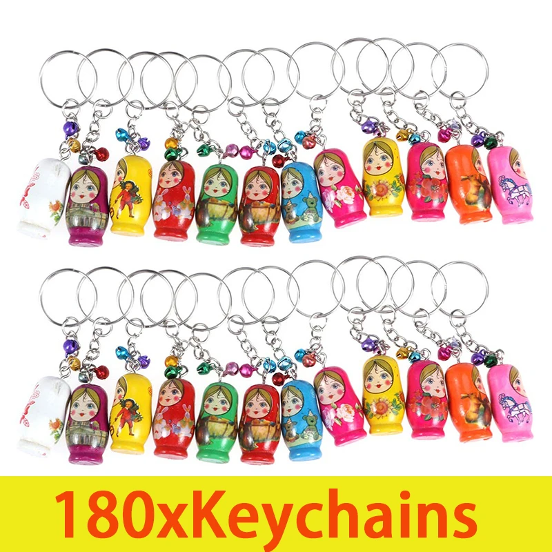 180Pcs Wooden Toys Car Key Chain Russian Dolls Key Rings Cartoon Keychains Bag Pendant Wooden Painted Backpack Keychain