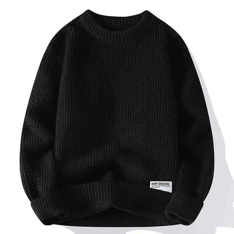 Men's 2023 Autumn and Winter Pullover Round Neck Patchwork Waffle Fashion Commuter Solid Color Loose Bottom Long Sleeved Tops