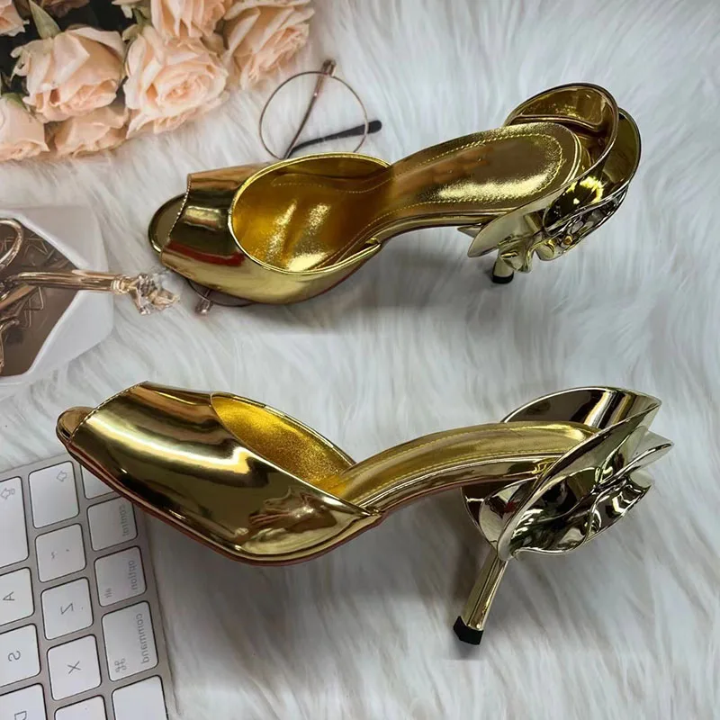 Gold Rose Flower Sandals Woman Open Toe Strange High Heel Pumps Lady Sexy Party Shoes