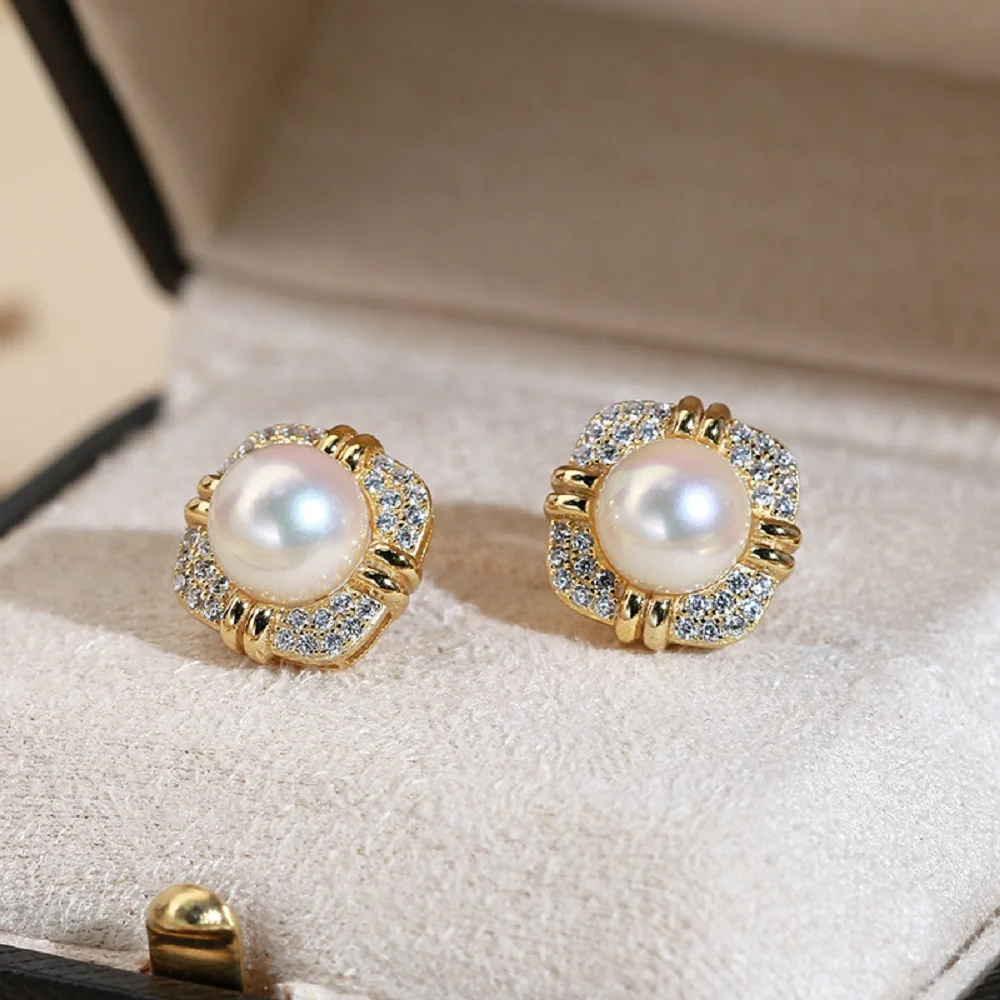 

Gorgeous Pearl Earrings AAAA8-9mm Natural Round Japanese White Pearl Earrings 925s