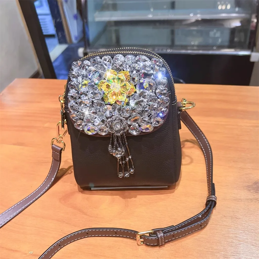 Glitter Women's Handbag High Quality Genuine Leather Cowhide Mobile Phone Bag Crystal Rhinestone Diamond Shoulder Messenger Bag