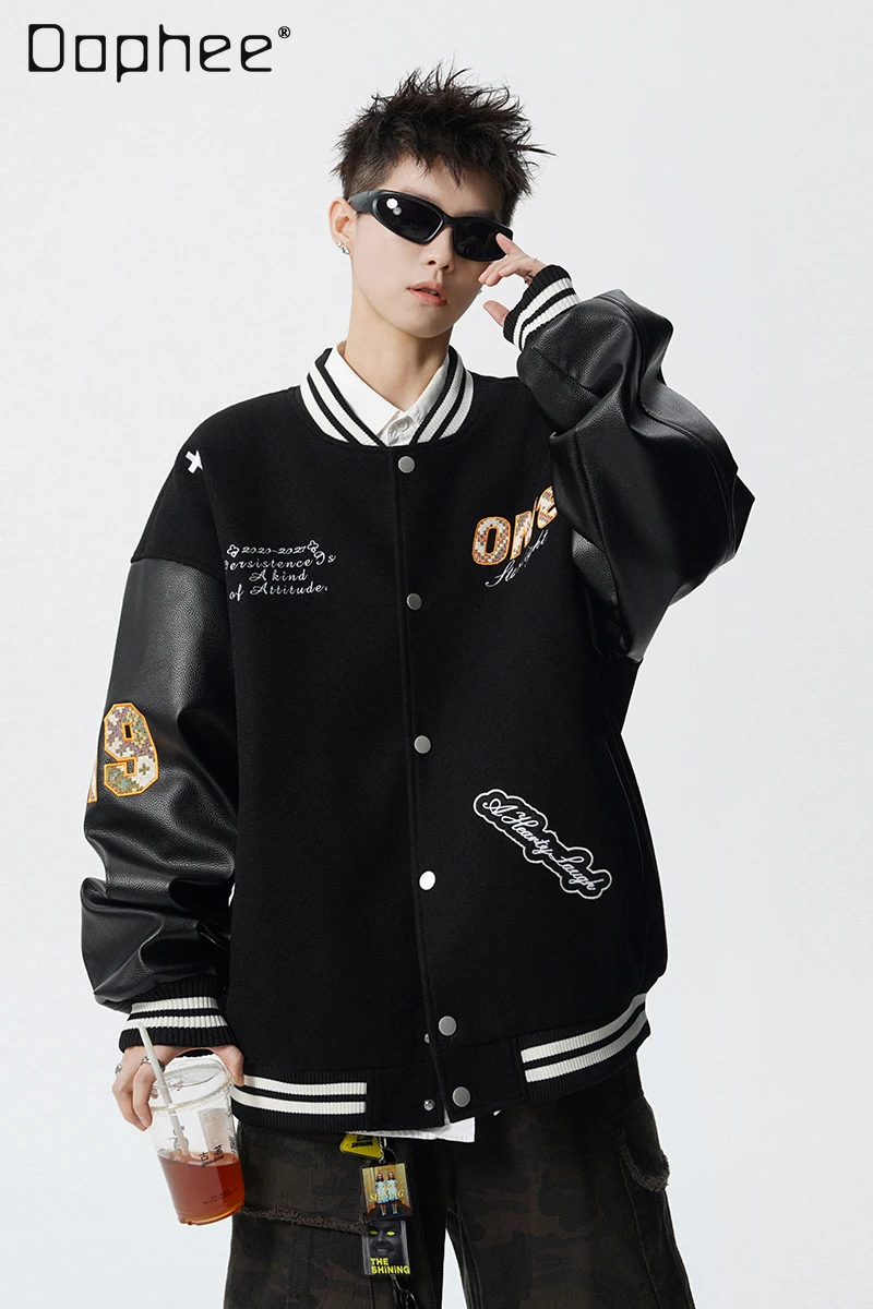 

2025 Spring and Autumn New American Style Design Men's Loose Casual Color Block Embroidered Black Khaki Maroon Jacket